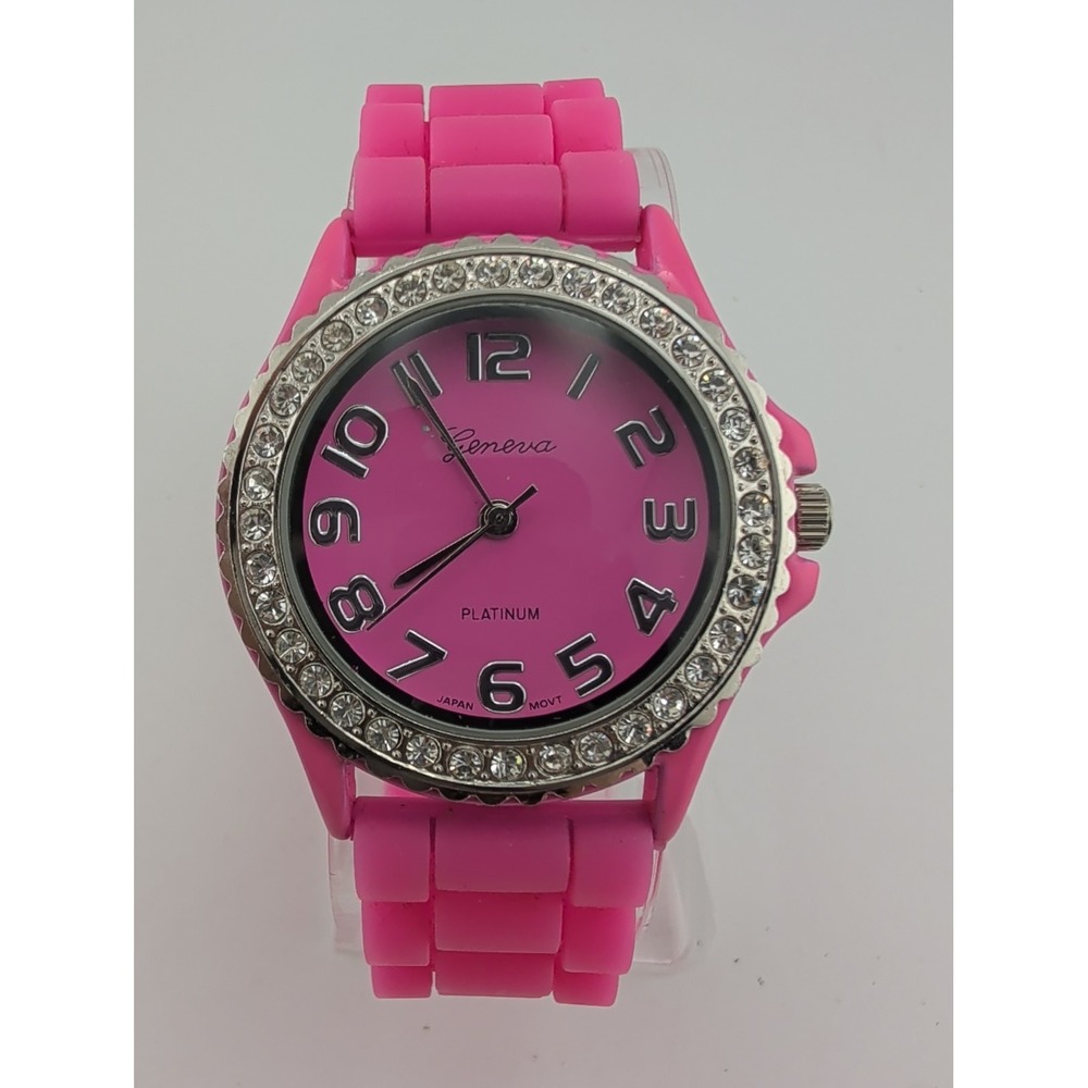 Geneva Platinum Watch Women 38mm Case Pink Silicone Band- New Battery